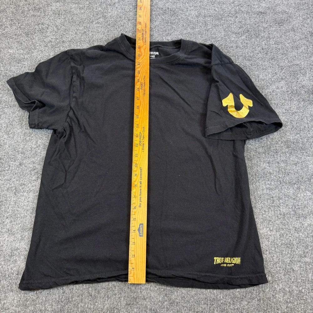 True Religion Mens Black Gold Foil Horseshoe Sleeve Logo T-Shirt Large L